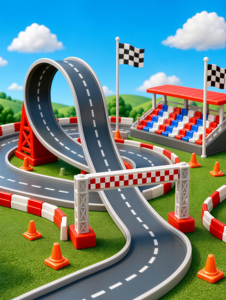 Una pista de carreras con looping, conos naranjas, banderas a cuadros y el arco de meta